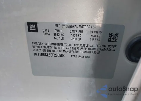 2014 Chevrolet Malibu 1Ls z USA, uszkodzony, nr VIN 1G11B5SL6EF266588